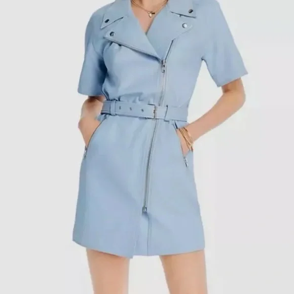 $749 Lini Women's Blue Margeaux Belted Asymmetric Full-Zip Leather Mini Dress - Picture 4 of 4